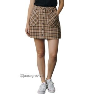 Y2K Academia Preppy Plaid Mini Skirt by Sky and Sparrow Tan and Black Size 7